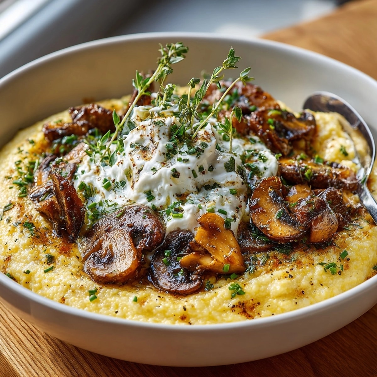 Close-up of creamy polenta with roasted mushrooms; savory, comforting, and perfect for dinner.