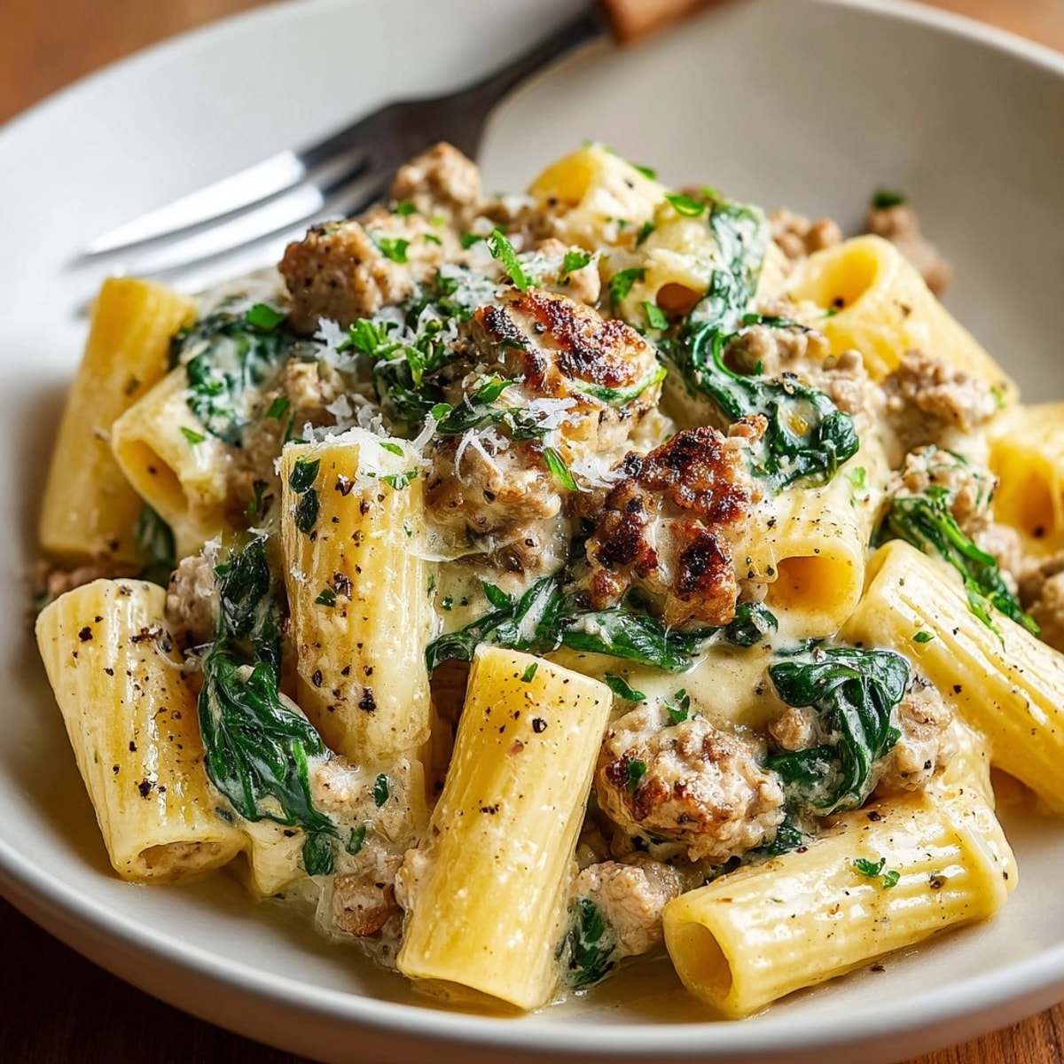 Enjoy this Creamy Ground Turkey & Spinach Skillet Pasta, cheesy and ready in under 30!