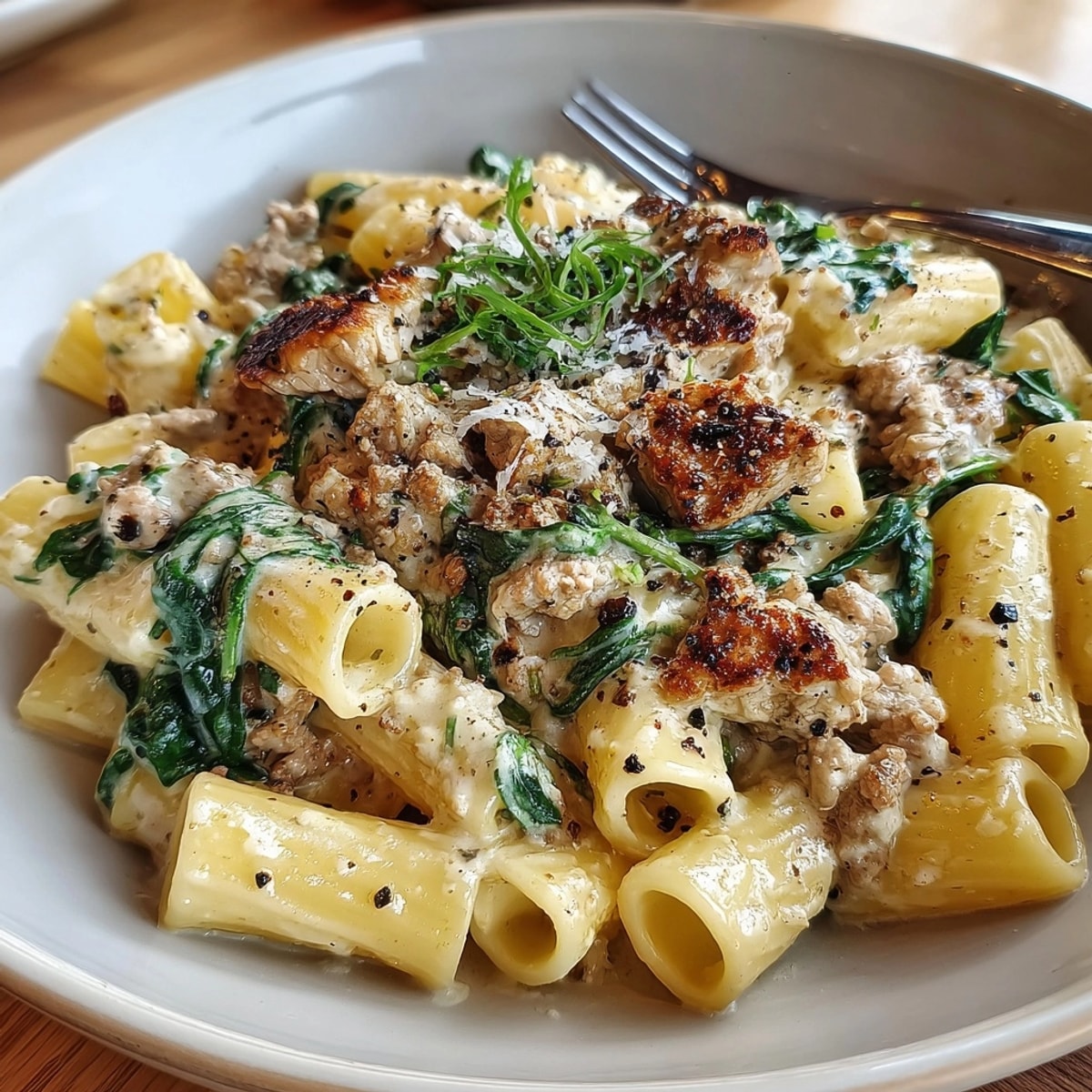 Golden brown pasta in a Creamy Ground Turkey & Spinach Skillet, a comforting, satisfying dinner.