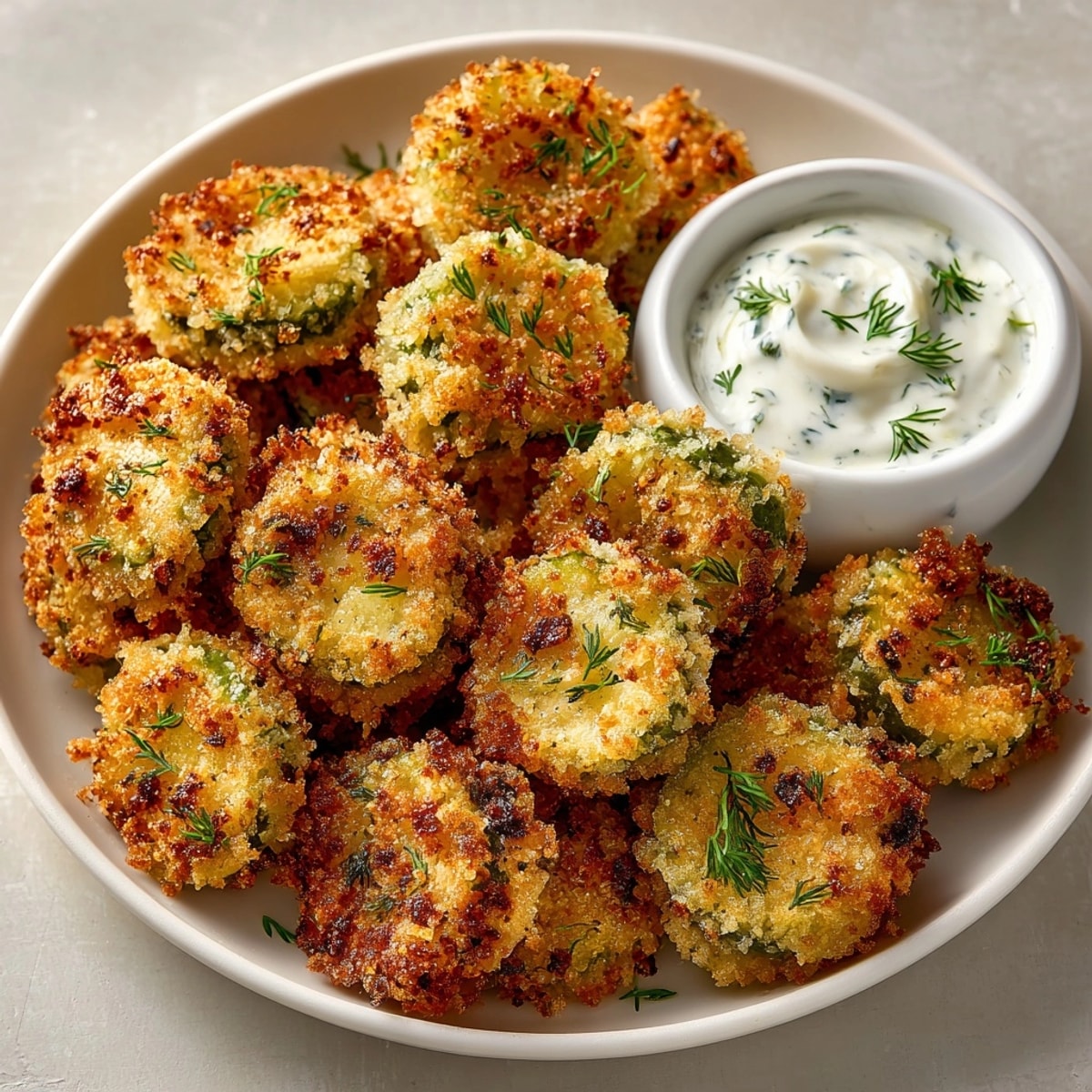 Crispy air fryer pickle chips, golden brown, served hot with creamy ranch dip.
