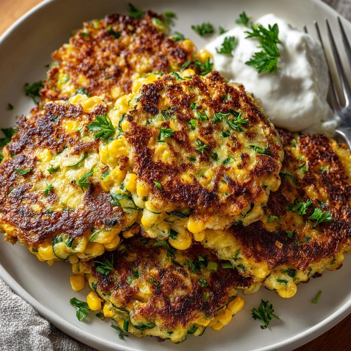 Crispy, light Late Summer Zucchini & Corn Fritters, a perfect summertime appetizer or snack.