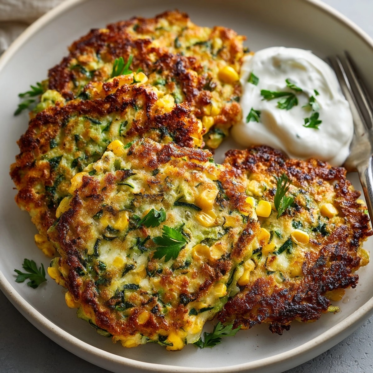 Stacked Late Summer Zucchini & Corn Fritters, showcasing vibrant green flecks and a delicious aroma.