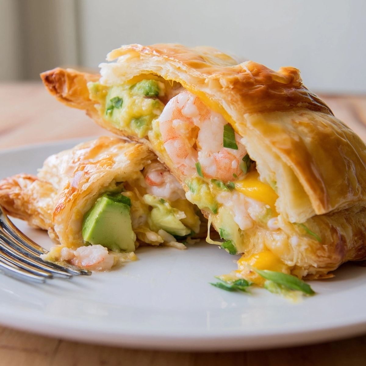 Close-up showing golden and flaky Shrimp Avocado Cheddar Pockets fresh out of the oven.