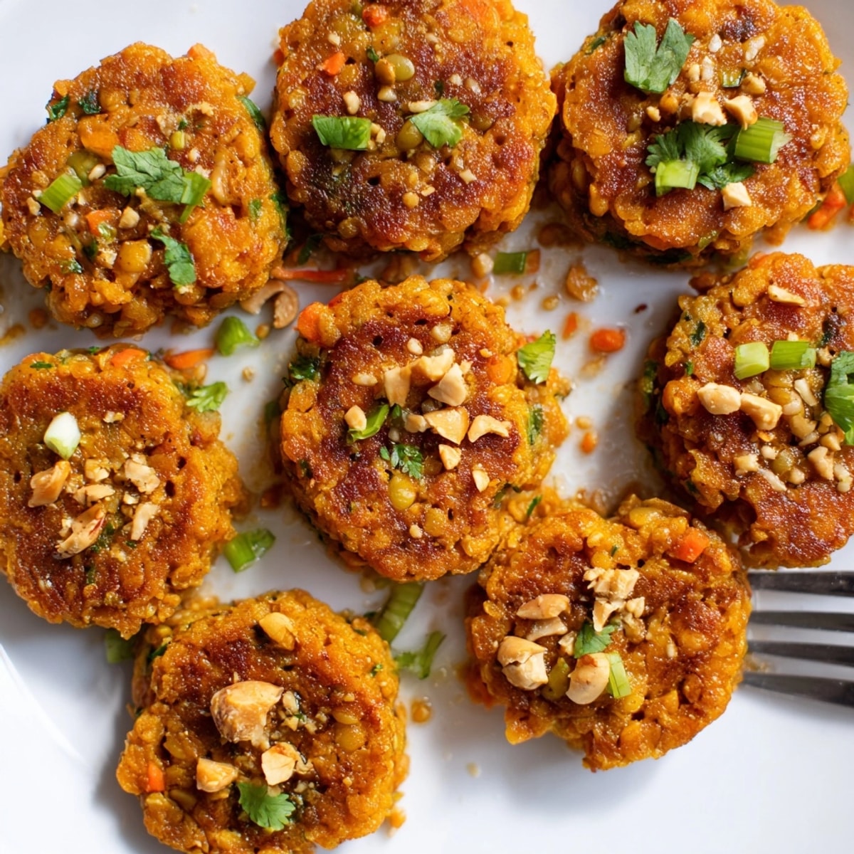 Golden-brown Thai Peanut Lentil Bites sizzle in a pan, ready to be served warm.