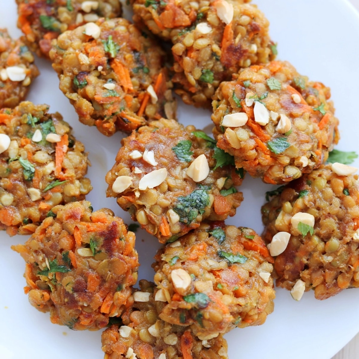 Close-up showcases textured Thai Peanut Lentil Bites, speckled with herbs and crunchy peanuts.