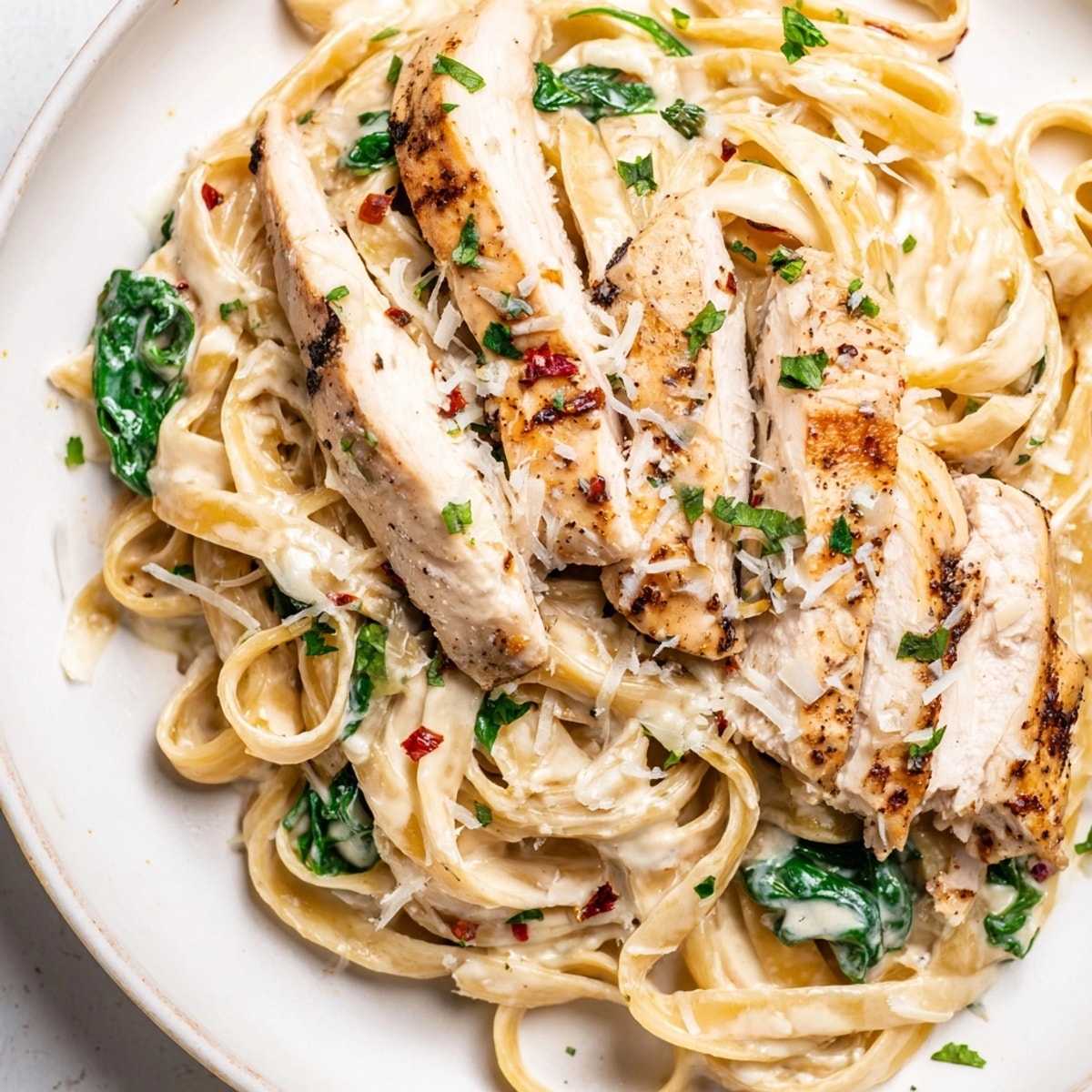 Close-up of creamy Cajun Chicken Spinach Alfredo Pasta, garnished with fresh parsley.