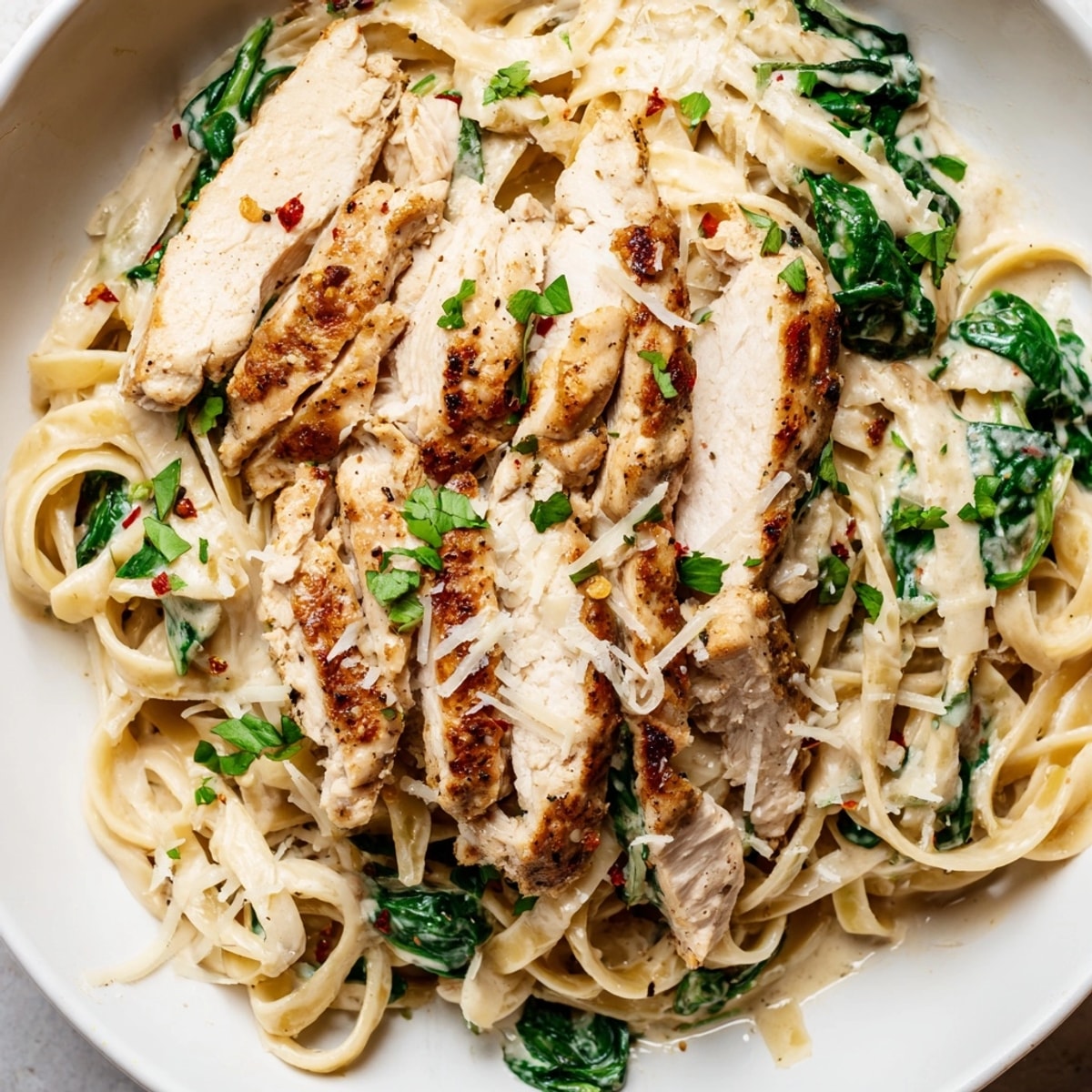Bowl of flavorful Cajun Chicken Spinach Alfredo Pasta, ready to enjoy with parmesan.