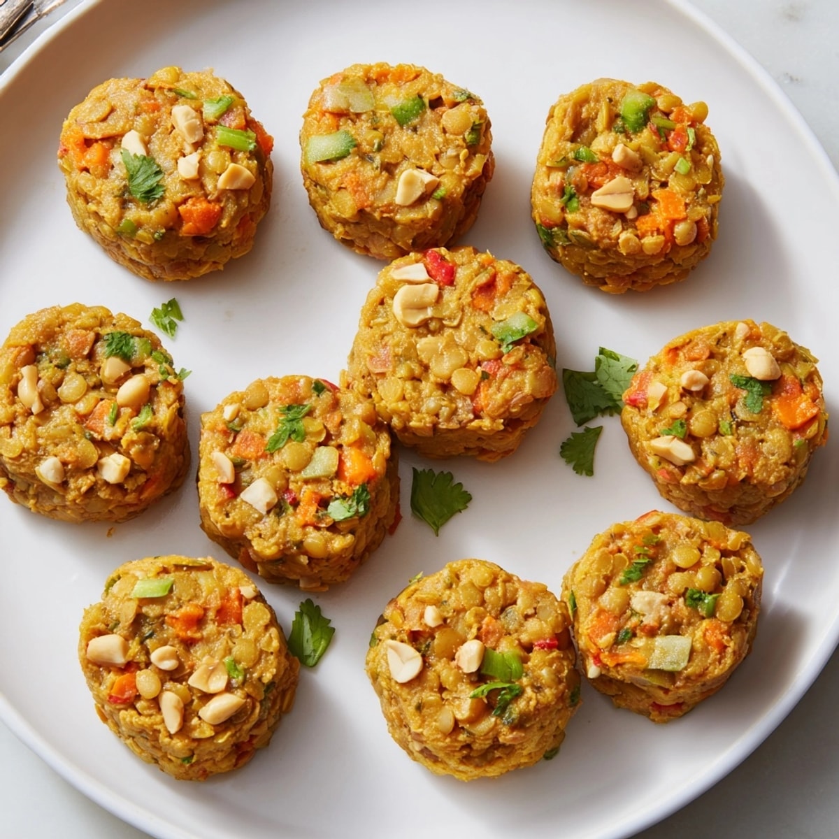 Golden-brown Thai Peanut Lentil Bites, ready to serve, offering savory, plant-based goodness.