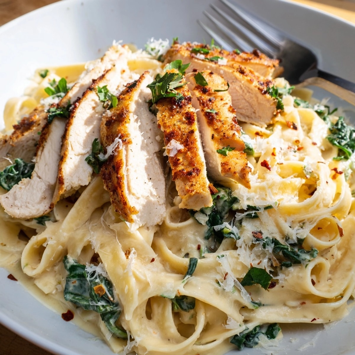 Close-up of creamy Cajun Chicken Spinach Alfredo Pasta with parsley garnish, ready to eat.