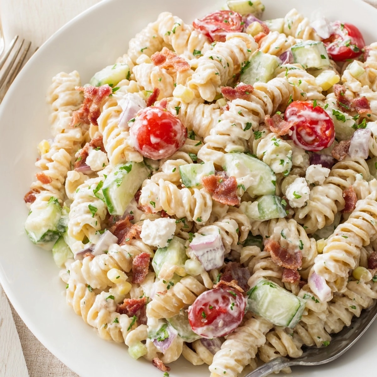 Creamy Alfredo Bacon Ranch Pasta Salad with rotini, tomatoes, and herbs glistening in the bowl.
