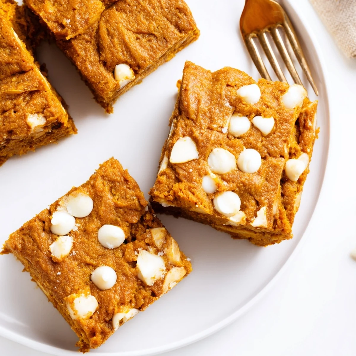 Moist pumpkin muffin white chocolate chip bars topped with creamy, melty chunks.