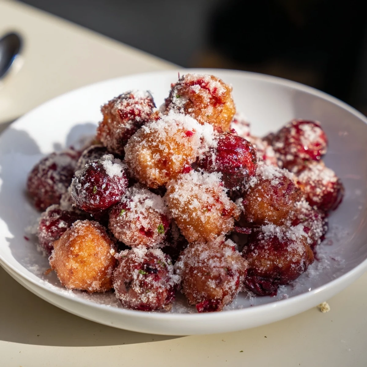 Crispy Tempura Cranberry Bites coated in a golden batter, served warm as party snacks.  