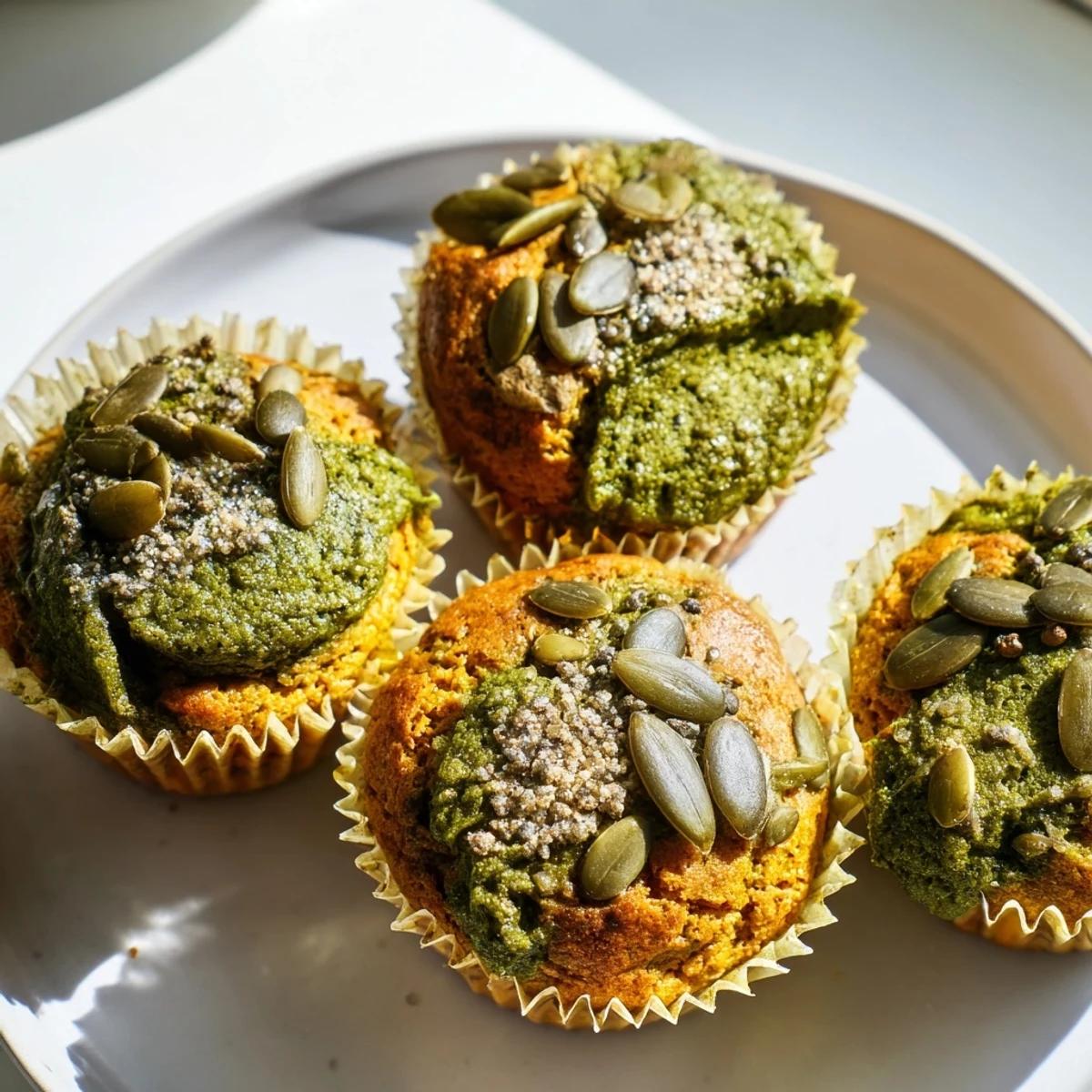Aromatic matcha pumpkin muffins fresh out of the oven, great for afternoon snacks.  