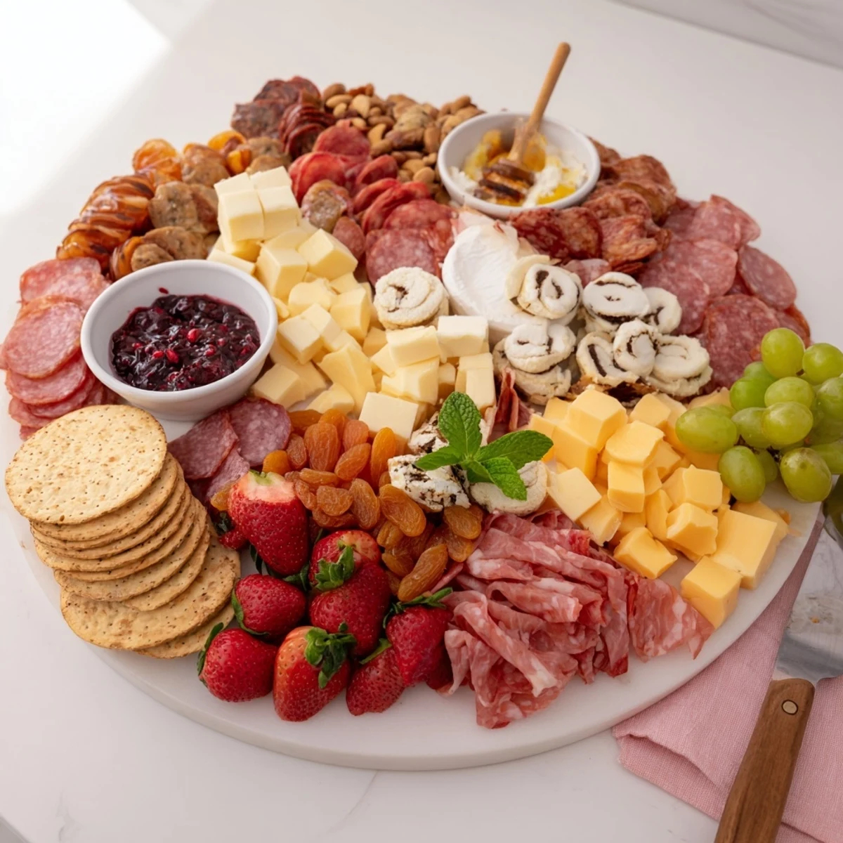 A beautifully arranged charcuterie board with mini festive cheesecakes for holiday gatherings.  