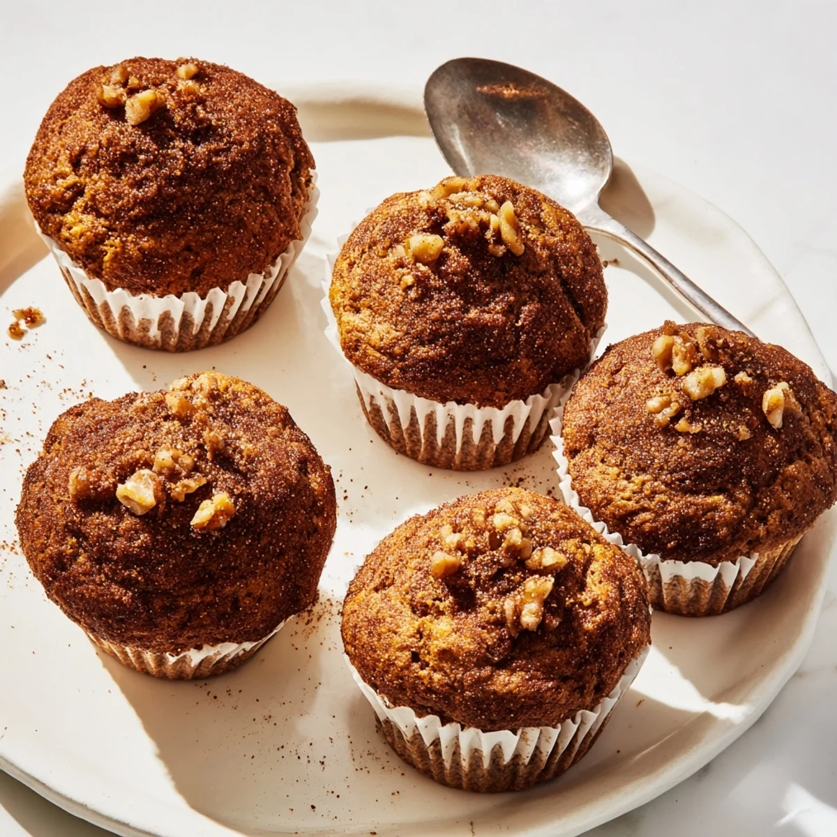Moist ginger-spiced pumpkin muffins topped with walnuts, perfect for cozy fall mornings.  