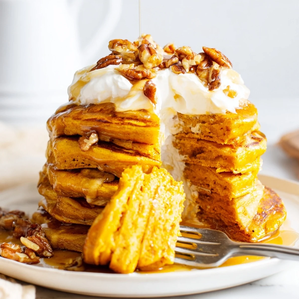 Warm pumpkin pancakes drizzled with bourbon maple glaze, a cozy autumn breakfast.  