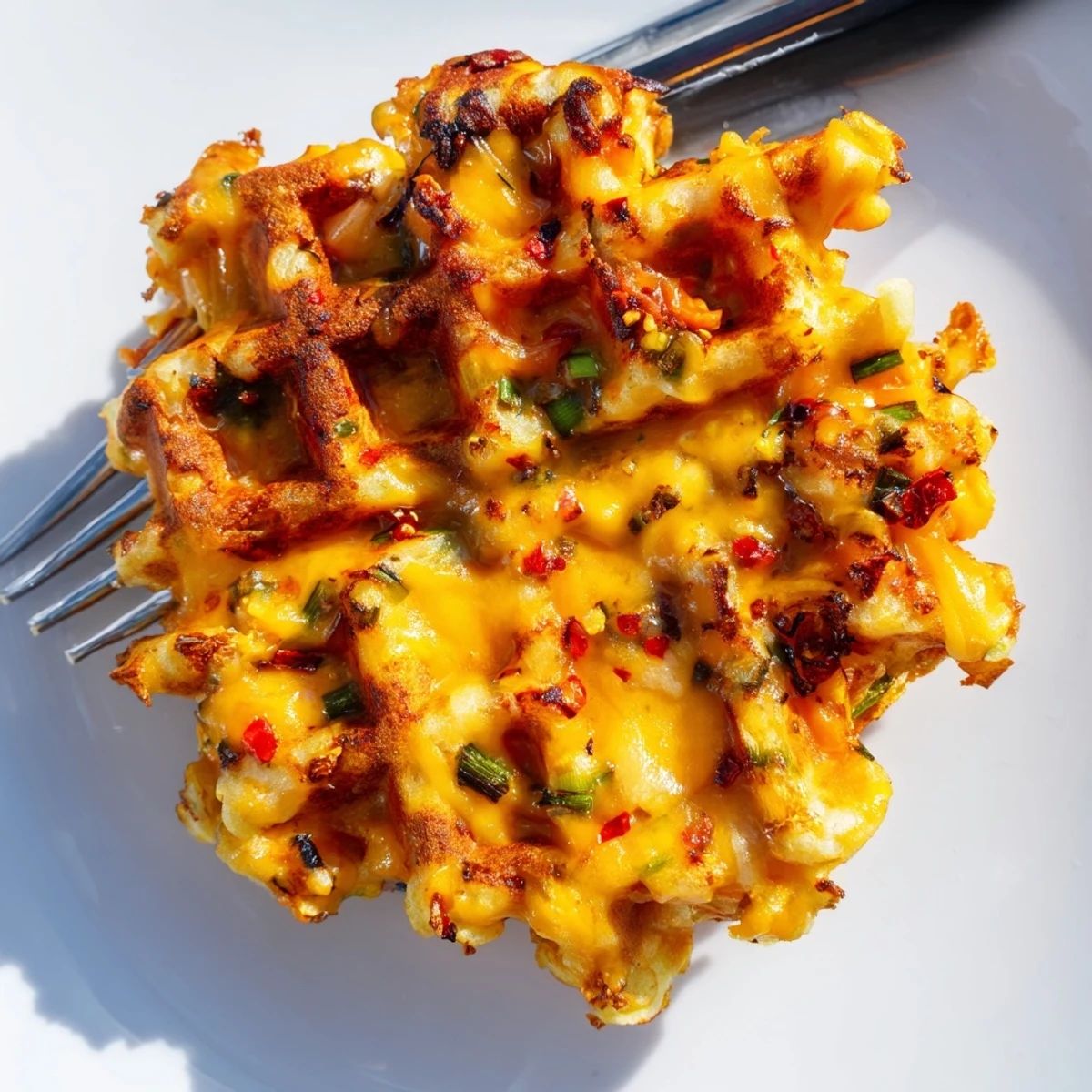 Crispy chili garlic cheese biscuit waffles served hot with fresh chives.