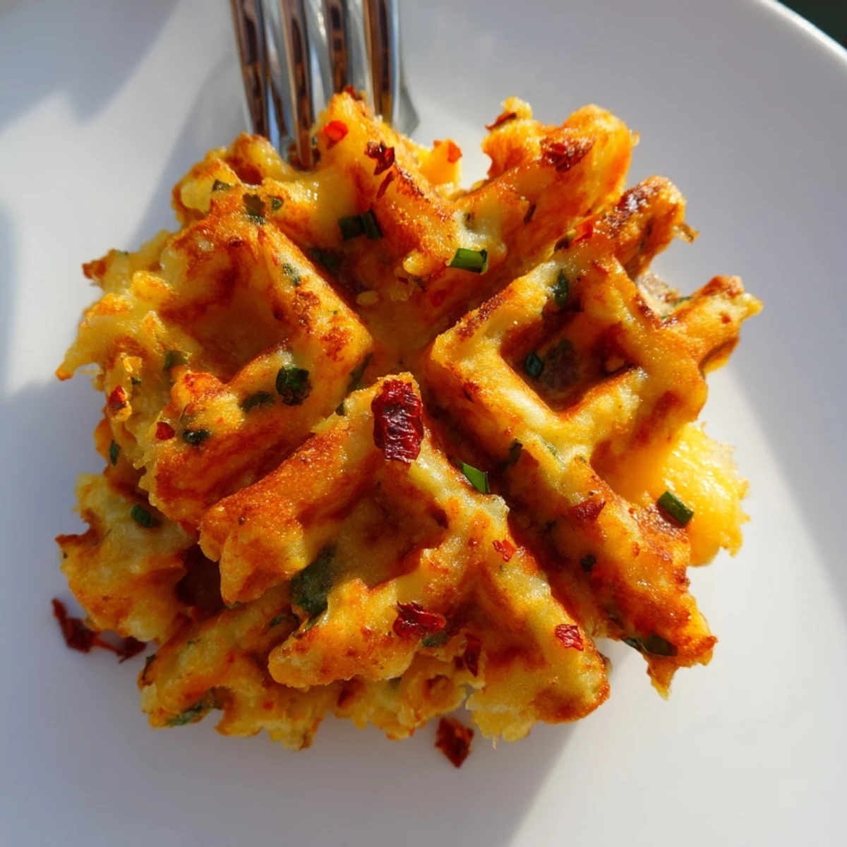 Savory waffles infused with chili and garlic, perfect for a flavorful brunch.
