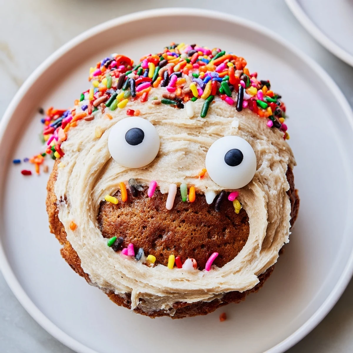 Whimsical Coffee Cream Monster Muffin Donuts topped with colorful sprinkles and candy eyes.  