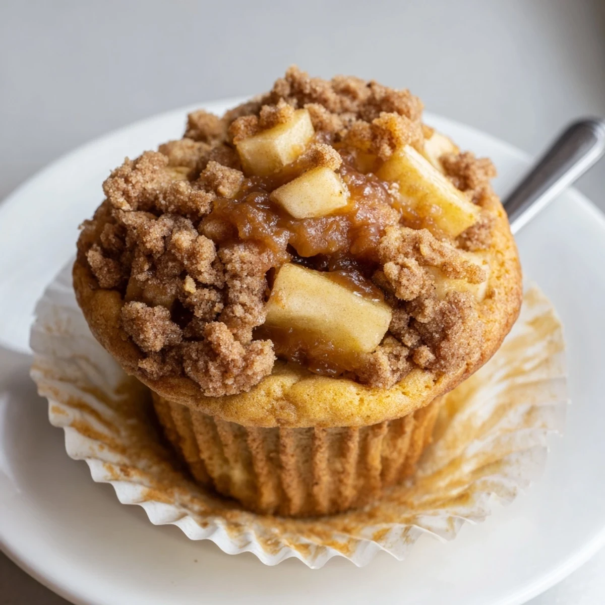 Soft Caramel Apple Crunch Cookie Muffins topped with cookie crumbs, a fall delight.  