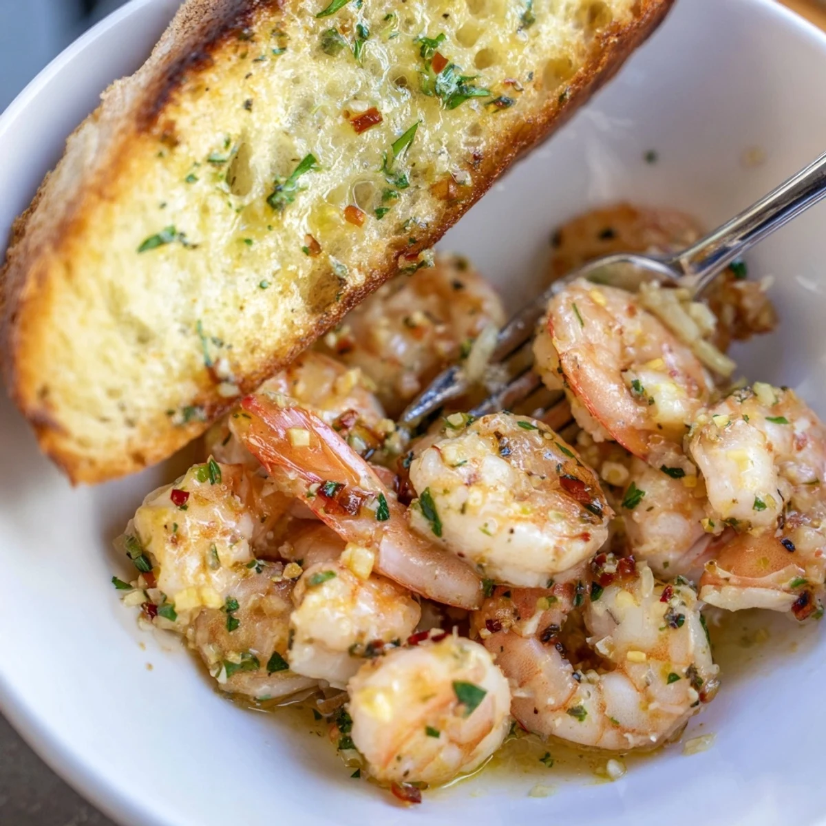 Delicious Shrimp Scampi Bowls topped with fresh parsley and crusty garlic bread slices.  