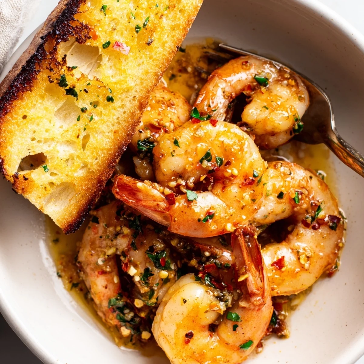 Savory shrimp scampi served in bowls, paired with toasted garlic butter bread.  