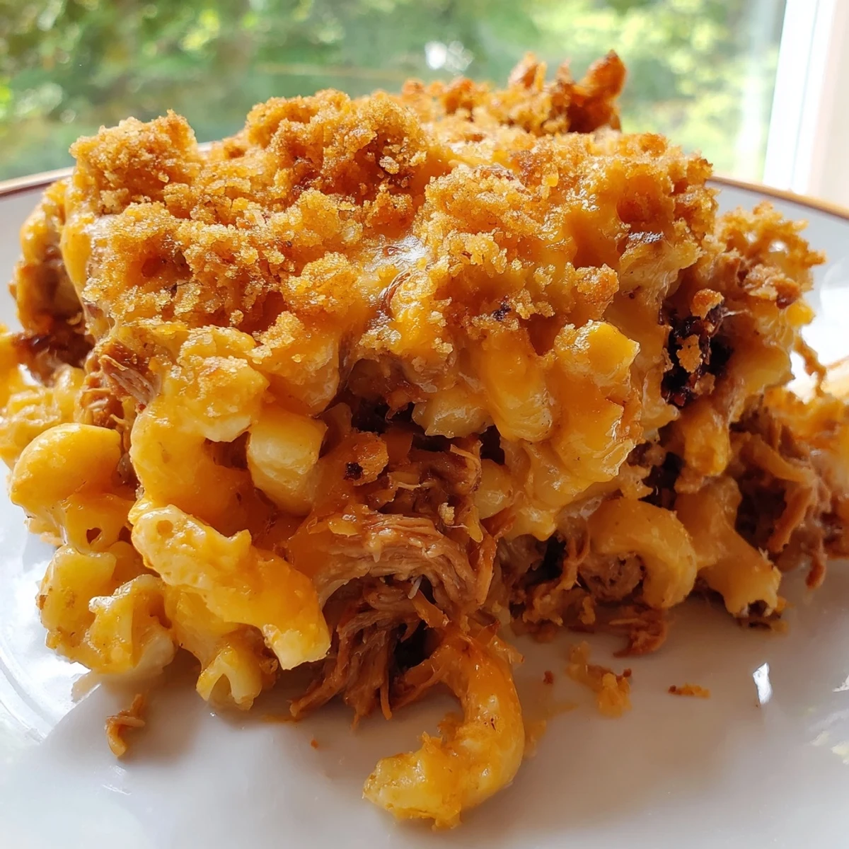 Cheesy BBQ Pulled Pork Macaroni Bake, topped with crispy breadcrumbs and melted cheddar.  