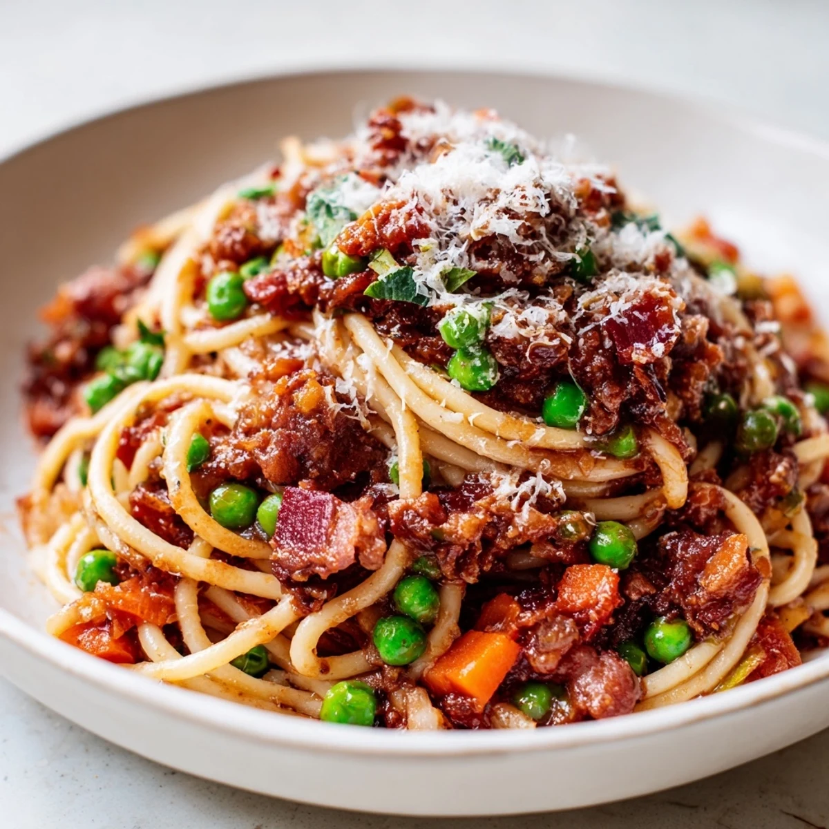 Hearty Spaghetti Bolognese with smoky bacon, bright green peas, and fresh herbs.  