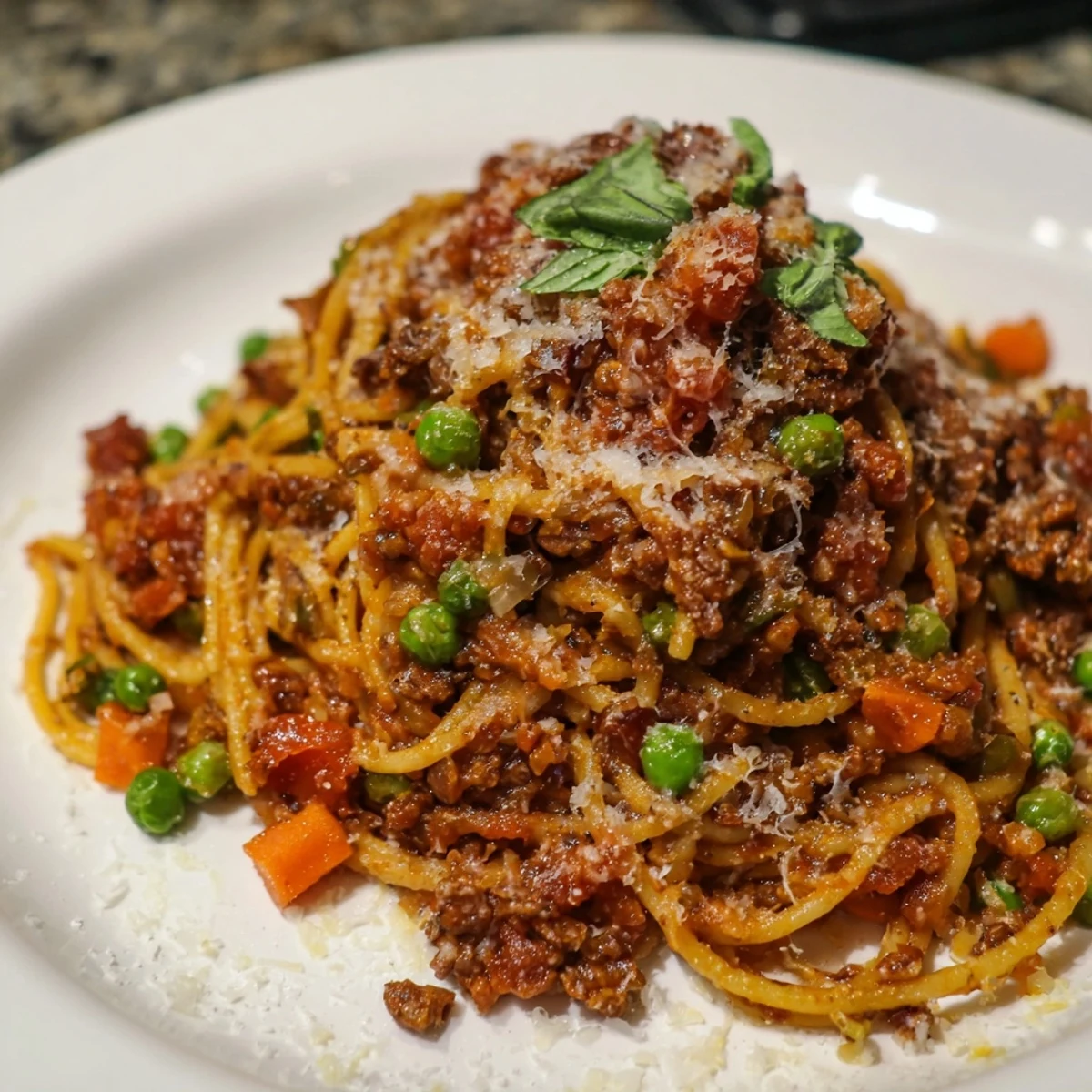 Rich and savory Spaghetti Bolognese featuring crispy bacon and sweet peas, perfectly plated.  