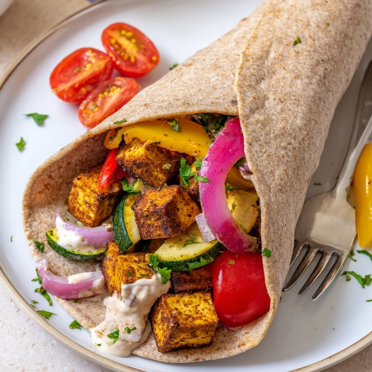 Vibrant vegan viral recipe remake showcasing roasted tofu and colorful veggies.