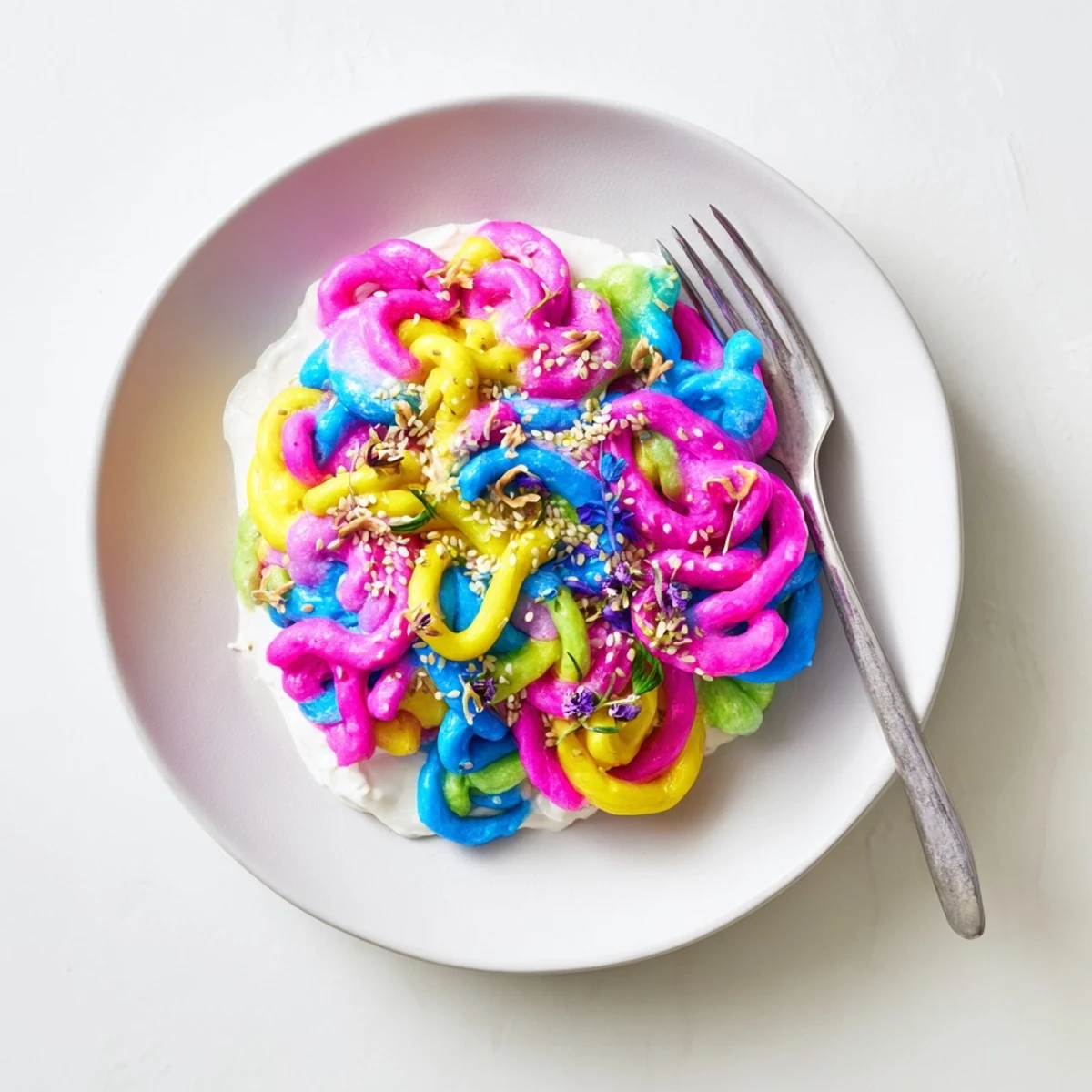 Whimsical Neon Noodle Cloud dish showcasing colorful noodles and delicate edible flowers.  