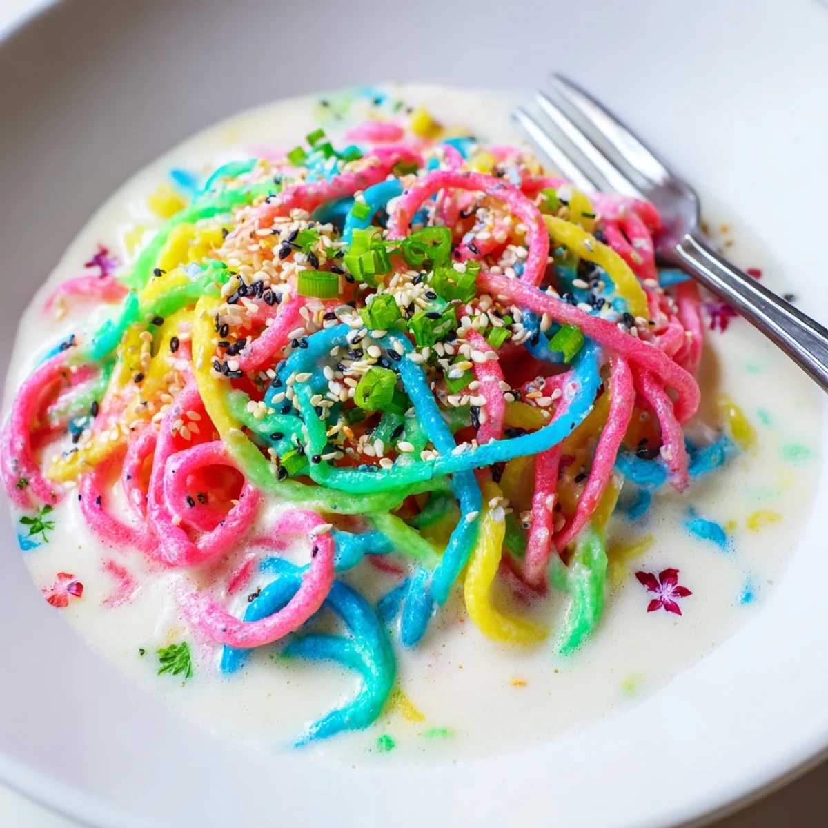 Vibrant Neon Noodle Cloud served in creamy sauce, perfect for kids' parties.  