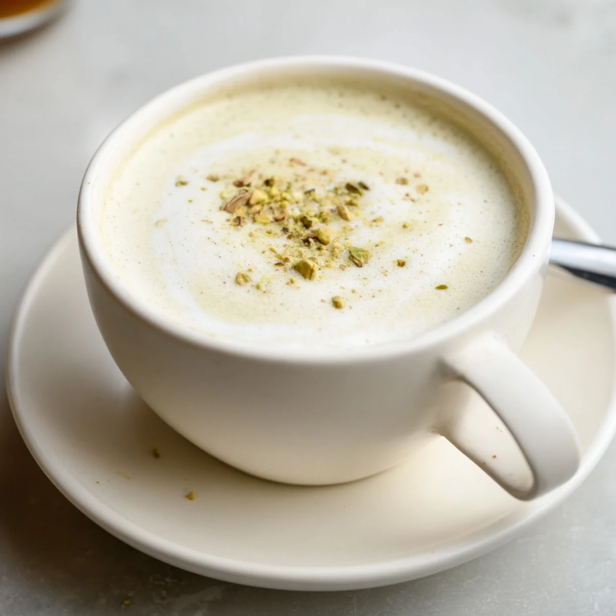 Creamy pistachio milk latte garnished with crushed nuts, a delightful coffee twist.  
