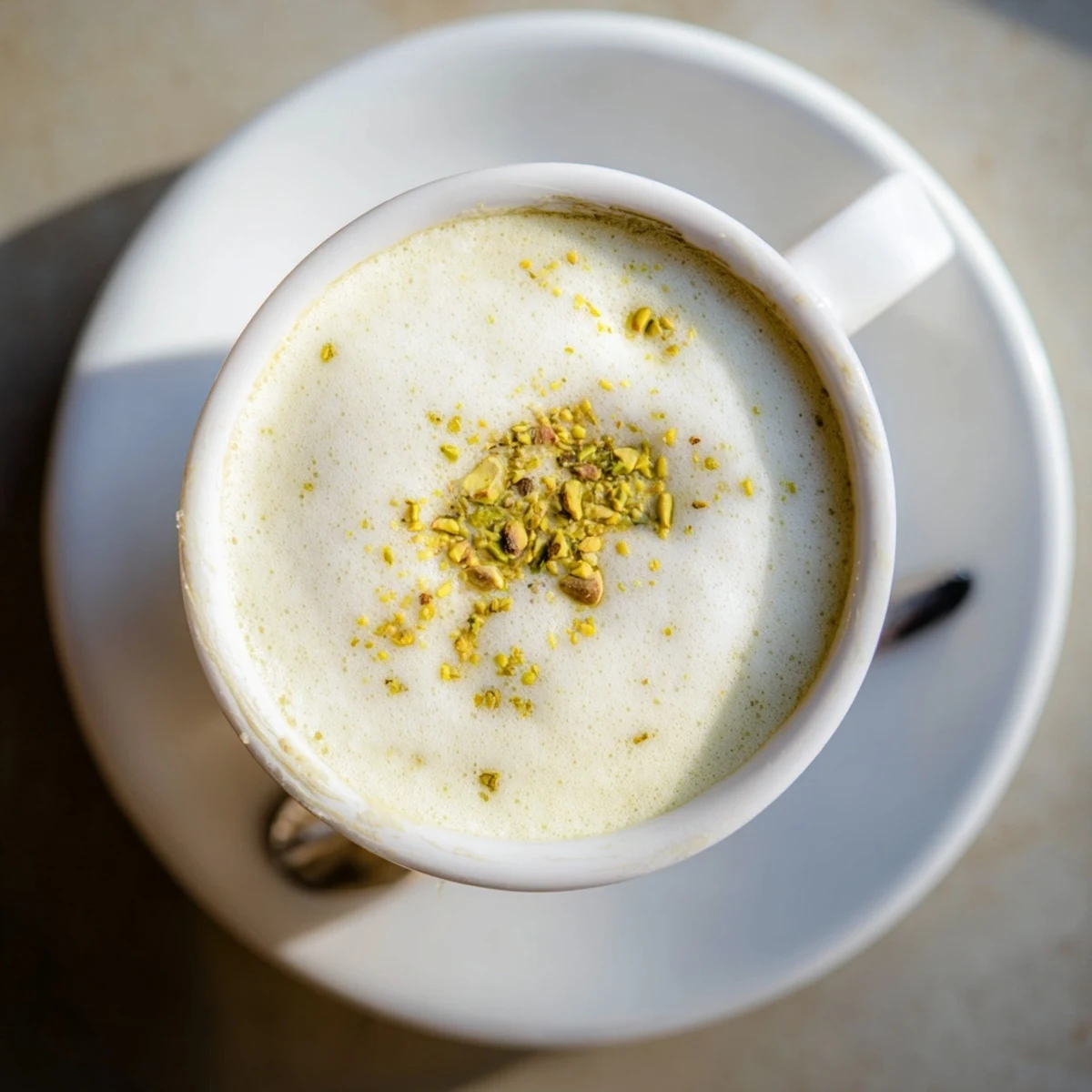 Vibrant pistachio milk latte, topped with foam and crushed pistachios for added crunch.  