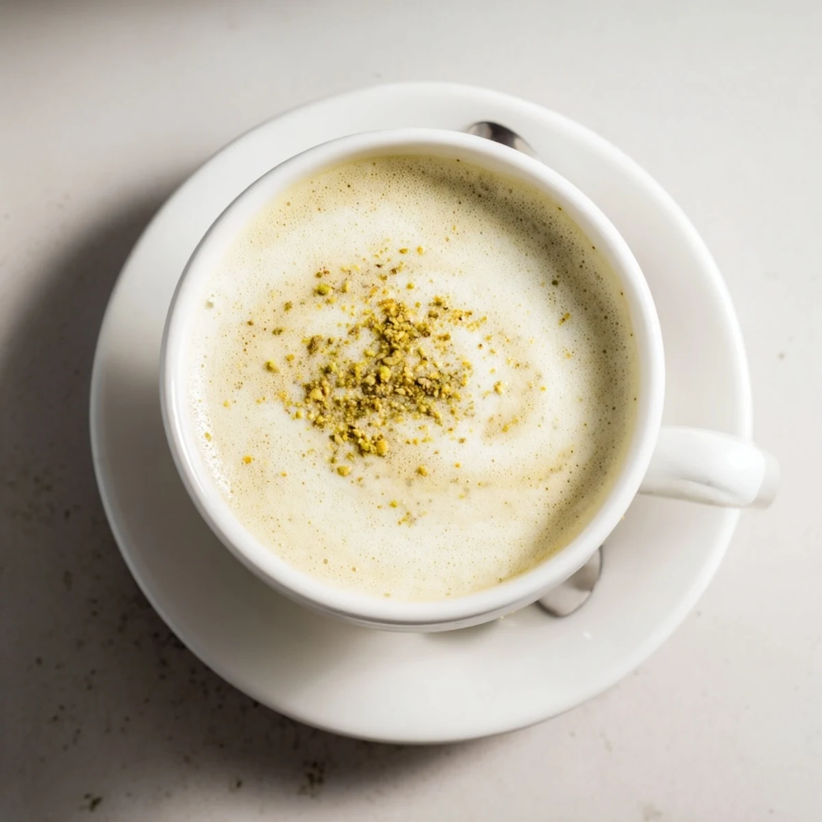 Homemade pistachio milk latte in a cup, perfect for a cozy caffeine boost.