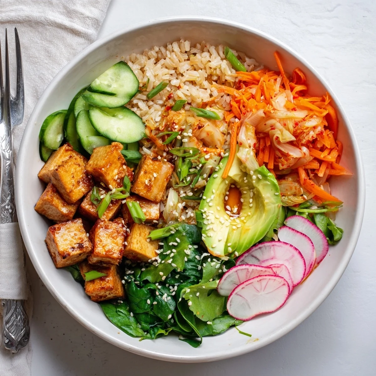 A colorful fermented vegetable bowl topped with tangy kimchi and fresh greens.  