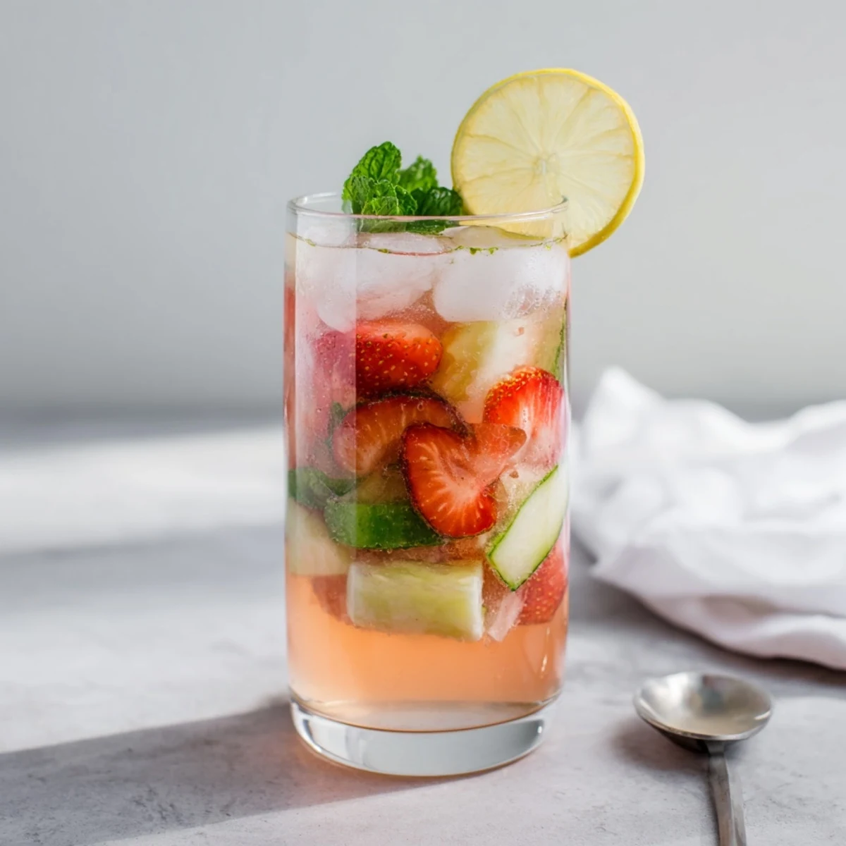Colorful mocktail featuring strawberries and lemon slices, a vibrant summer drink.  