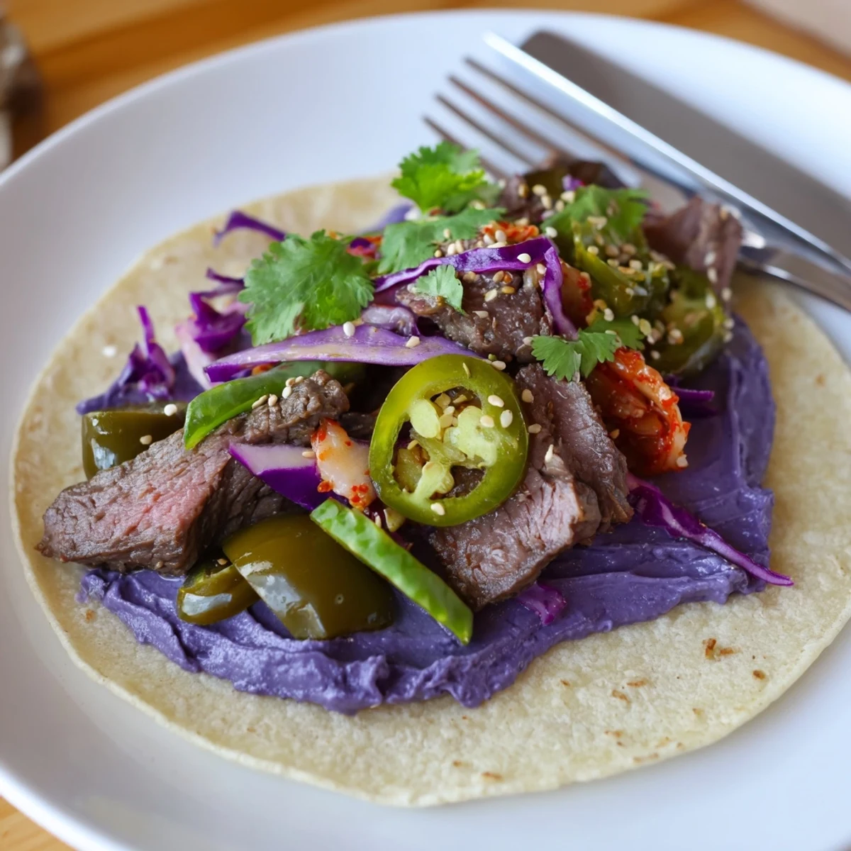 Delicious Global Street-Food Fusion Tacos topped with vibrant ube crema and fresh cilantro.  