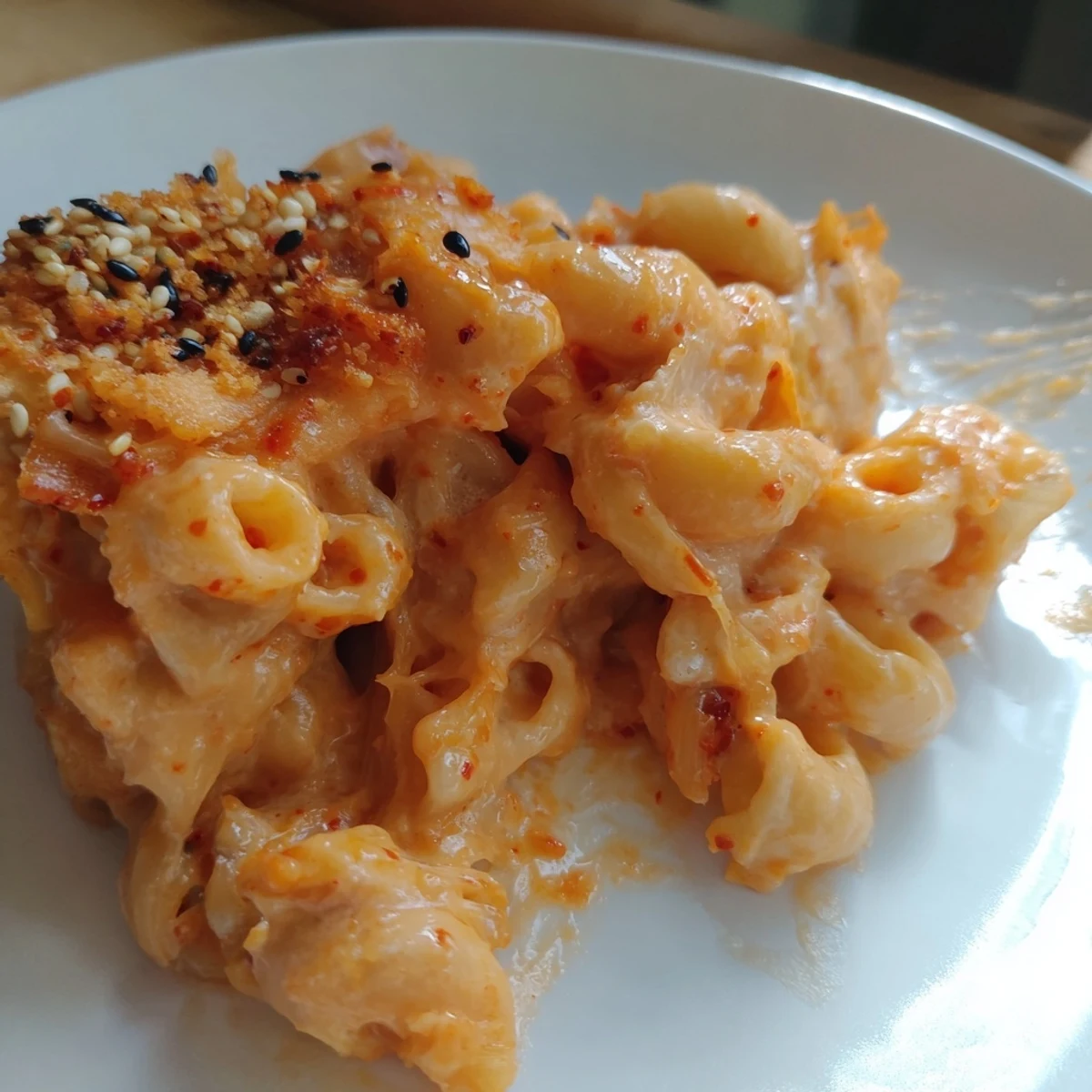 Creamy Spicy Kimchi Mac & Cheese topped with crunchy panko and sesame seeds.  