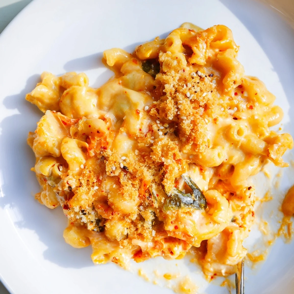 Melty cheese and tangy kimchi create the ultimate Spicy Kimchi Mac & Cheese delight.