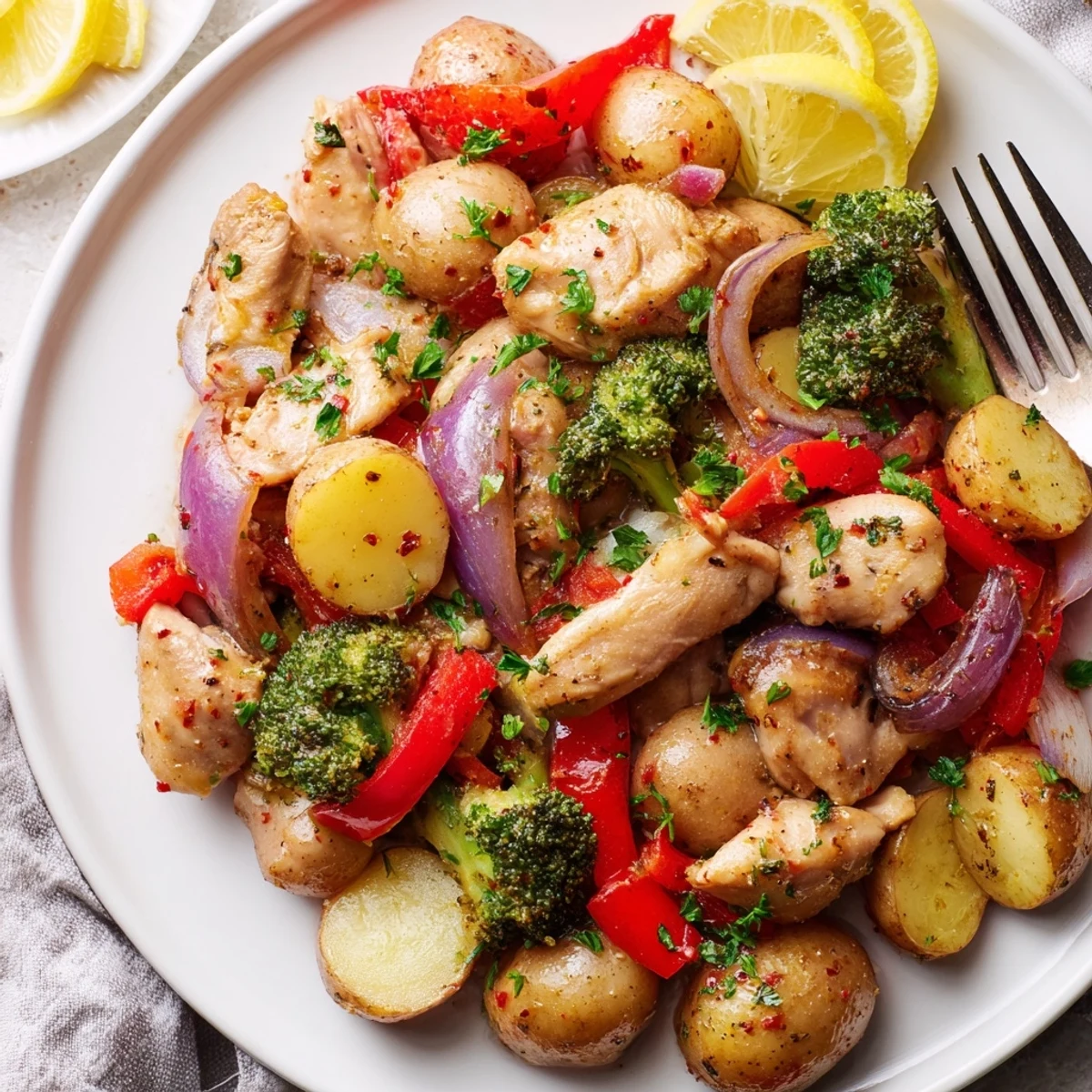 Juicy Lazy Gourmet Chicken & Vegetable One-Pot dish with vibrant colors and textures.  