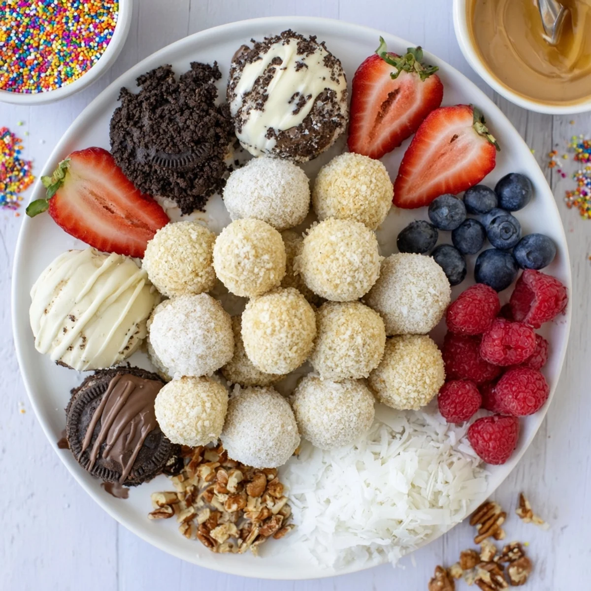 Interactive dessert board featuring rich cheesecake bites and a variety of creative toppings options.
