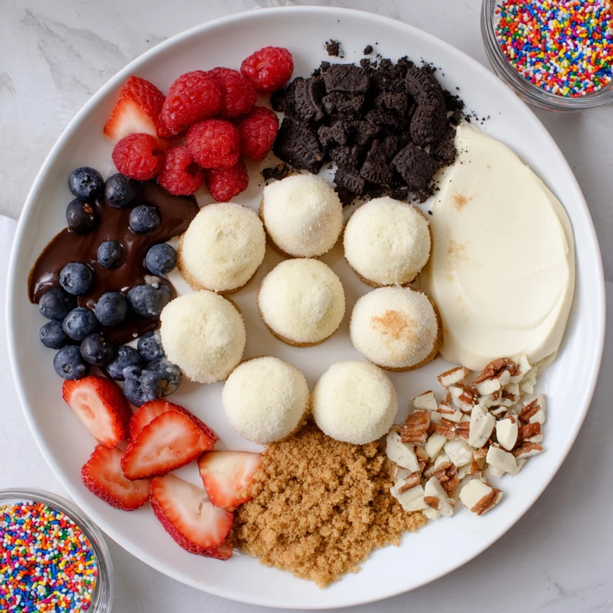 A colorful display of cheesecake bites surrounded by delicious toppings invites delightful customization.  