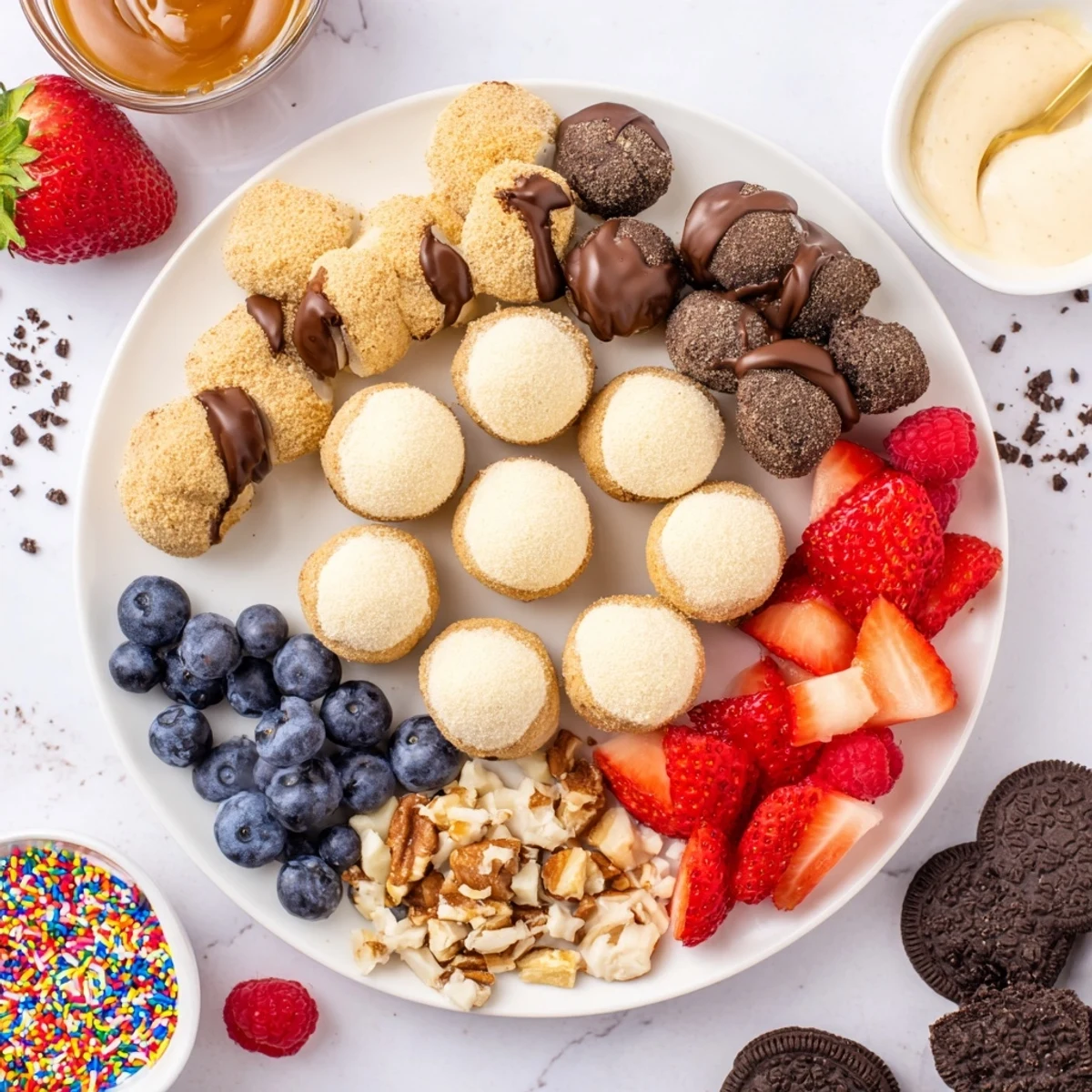 Deconstructed dessert board with cheesecake bites and fresh berry toppings ready for serving.  