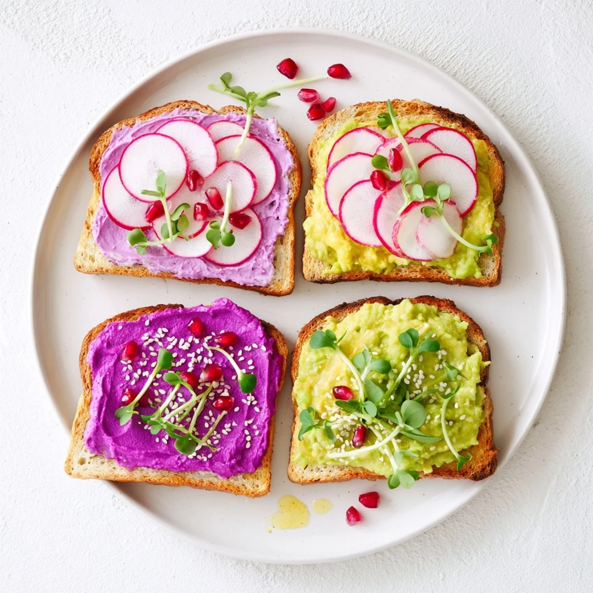 Vibrant Bright & Bold Breakfast Toasts topped with ube, avocado, and fresh greens.  