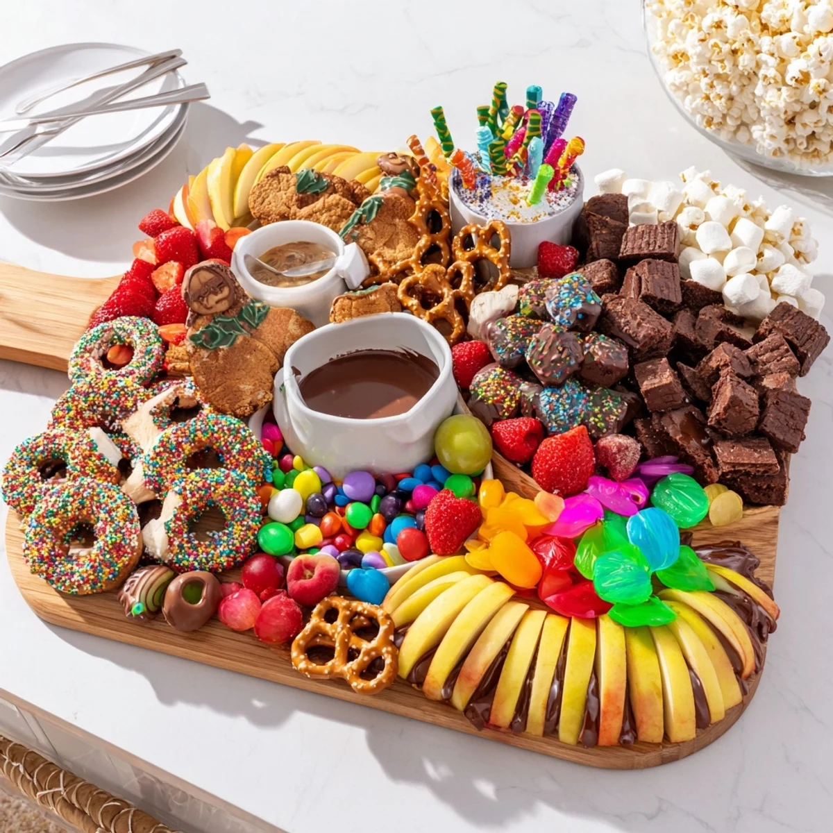 Festive dessert board featuring assorted treats and vibrant fruits for game night fun.