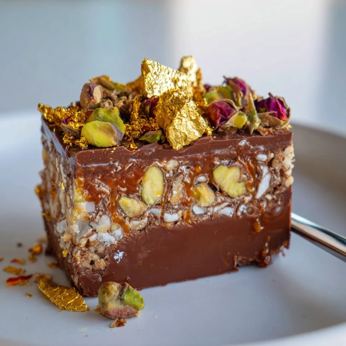 Luxurious chocolate dessert squares featuring Middle Eastern pistachios and coconut crunch. 