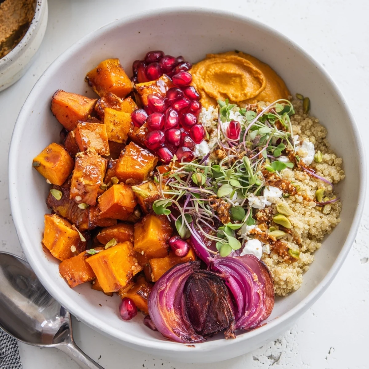 Comforting winter bowls featuring sweet potatoes, quinoa, and fragrant warming spices.