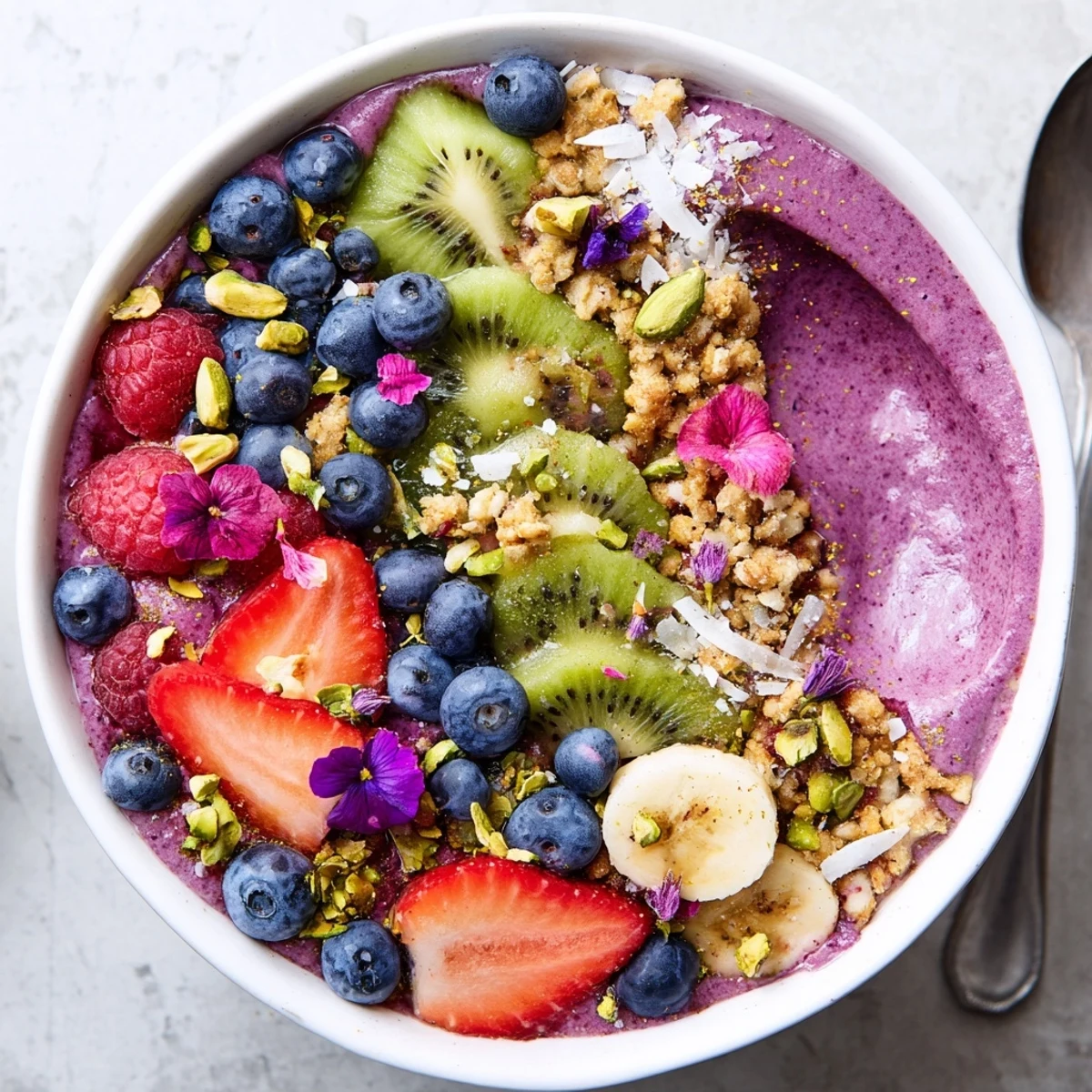 Vibrant smoothie bowls with pistachio and purple yam, topped with fresh fruits.  