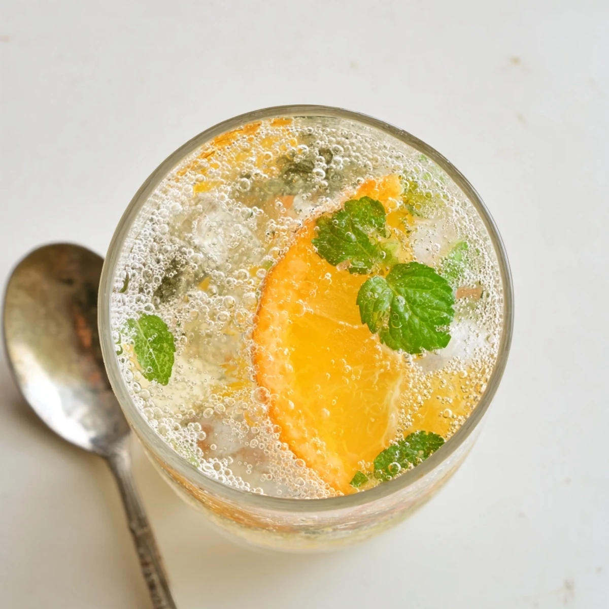 Homemade Probiotic Soda Mocktail featuring vibrant orange and lime flavors with herbs.